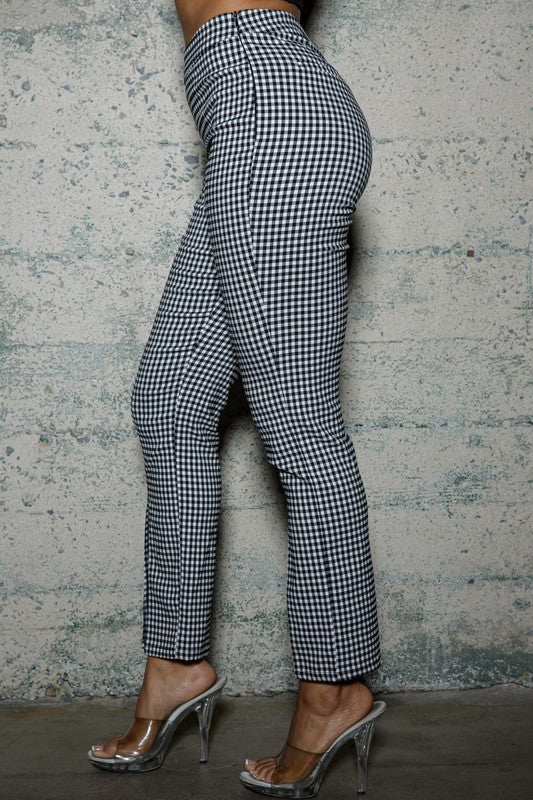 Checker stretch fitted pants with two front slit  and Black bodysuit.