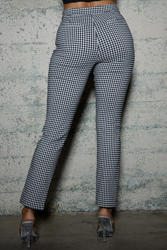 Checker stretch fitted pants with two front slit  and Black bodysuit.