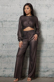Metalic Crop Tpp With Twist Detail In The Front, Metalic Wide Pants - coordinatedcouture