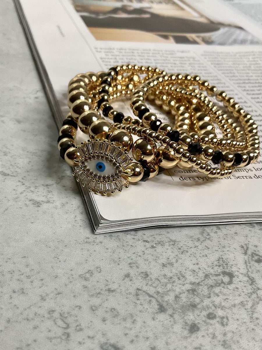 Gold & Black Beads Bracelet with Evil Eye Charm Set - coordinatedcouture