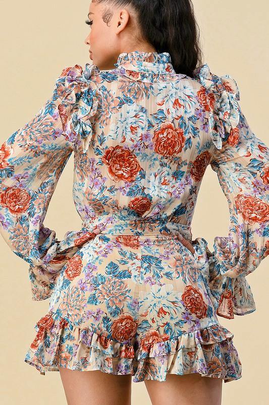Floral Printed Ruffle Bell Sleeve Romper - coordinatedcouture
