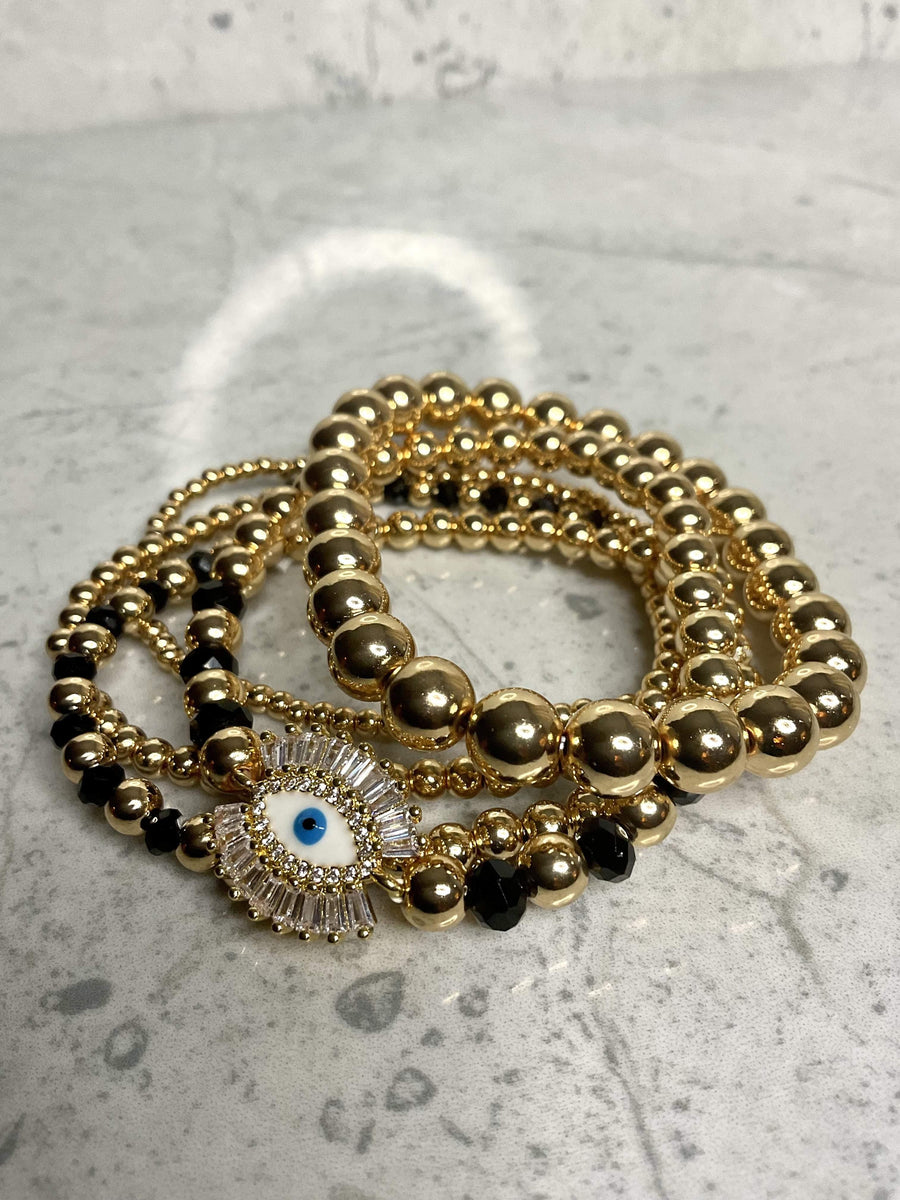 Gold & Black Beads Bracelet with Evil Eye Charm Set - coordinatedcouture