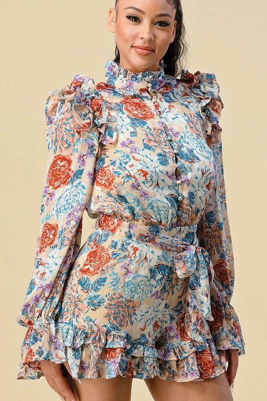Floral Printed Ruffle Bell Sleeve Romper - coordinatedcouture